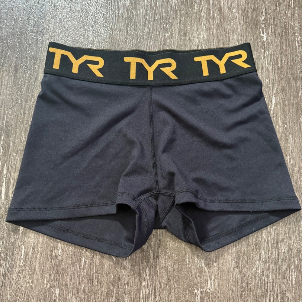 TYR Compression Shorts Women Small Black Gold Logo Elastic Waist Athletic Gym